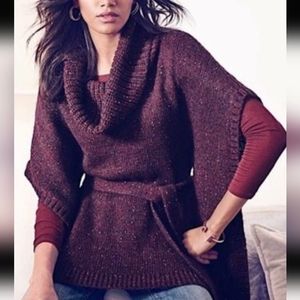 Metallic belted poncho sweater and LS tee